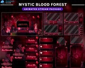 Animated Mystic Blood Forest Stream Package, Witch Desk Twitch Overlay with Black Cat, Cute Ghost, Red Glowing Plants, Dark Enchanted Woods