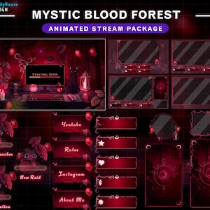 Pacote de fluxo de floresta de sangue místico animado, sobreposição de mesa de bruxa Twitch com gato preto, fantasma fofo, plantas vermelhas brilhantes, bosques encantados escuros