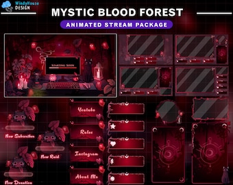 Animated Mystic Blood Forest Stream Package, Witch Desk Twitch Overlay with Black Cat, Cute Ghost, Red Glowing Plants, Dark Enchanted Woods