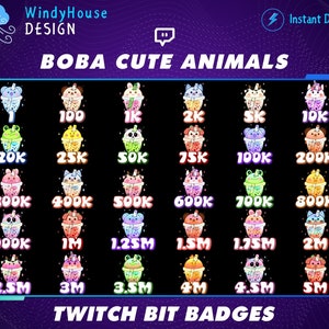 30x Boba Tea Cute Animals Twitch Bit Badges Set, Cute Twitch Bit Badges Set, Twitch Tier Badges For Streamers/Discord