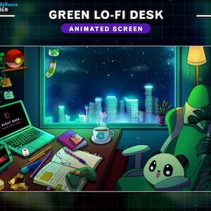 May include: A green desk with a laptop, a games console, a cup of coffee, a panda plushie, and a window view of a city skyline at night. The laptop screen displays the text "BE RIGHT BACK..." and the window has a starry night sky.