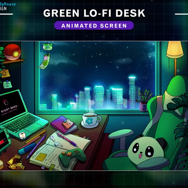 Animated Twitch Screens Cute Panda Lo-fi Desk, Animated Stream Screens Cozy Room with laptop, gaming chair, plant pots...