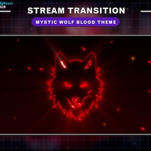 Könnte beinhalten: Digitalgrafik für einen Stream-Übergang mit dunklem rotem Hintergrund. Das Bild zeigt einen leuchtend roten Wolfskopf mit leuchtend roten Augen und einer detaillierten Kontur. Der Text "STREAM TRANSITION" und "MYSTIC WOLF BLOOD THEME" werden angezeigt.