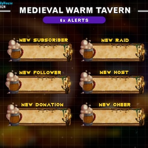 Op de afbeelding: Zes geanimeerde Twitch-meldingen met een middeleeuws taverne-thema. Elke melding bevat een bierkan met een rol voor tekst. De meldingen omvatten: Nieuwe abonnee, Nieuwe raid, Nieuwe volger, Nieuwe host, Nieuwe donatie en Nieuwe cheer.