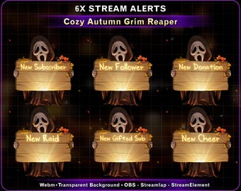 Cozy Autumn Grim Reaper Stream Alerts Pack, Ghost Face Twitch Alerts Bundle with Raid Alert for OBS Discord