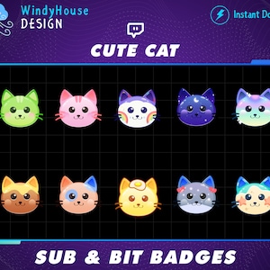 Cute Face Cat Sub Badges, Cat Badges for Streamers, Cat Bit Badges, Cute Kitty Collection, Cat Twitch Badges, Cat Twitch Emotes