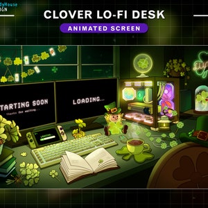 Könnte beinhalten: Ein grüner und schwarzer Computertisch mit einem Computermonitor, der "LADEN..." anzeigt, und einem zweiten Monitor, der "STARTET BALD" mit dem Text "Vielen Dank für das Warten..." anzeigt. Eine grüne Koboldfigur sitzt auf dem Tisch. Der Tisch ist mit grünen Kleeblättern und einem Neon-Schild verziert, auf dem "LUCKY" steht.