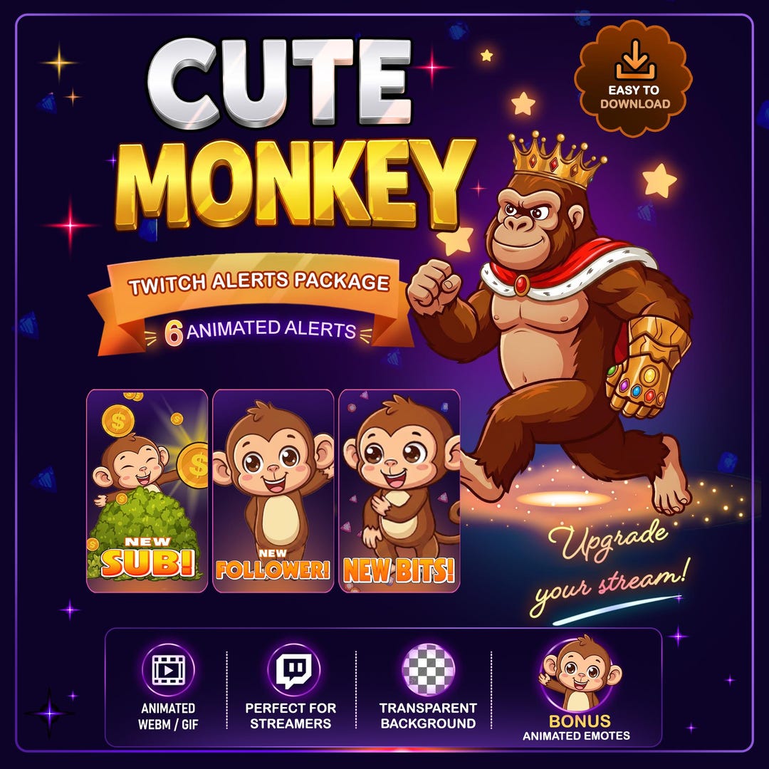 Cute Monkey Animated Twitch Alerts Pack, Funny Monkey Stream Alerts ...