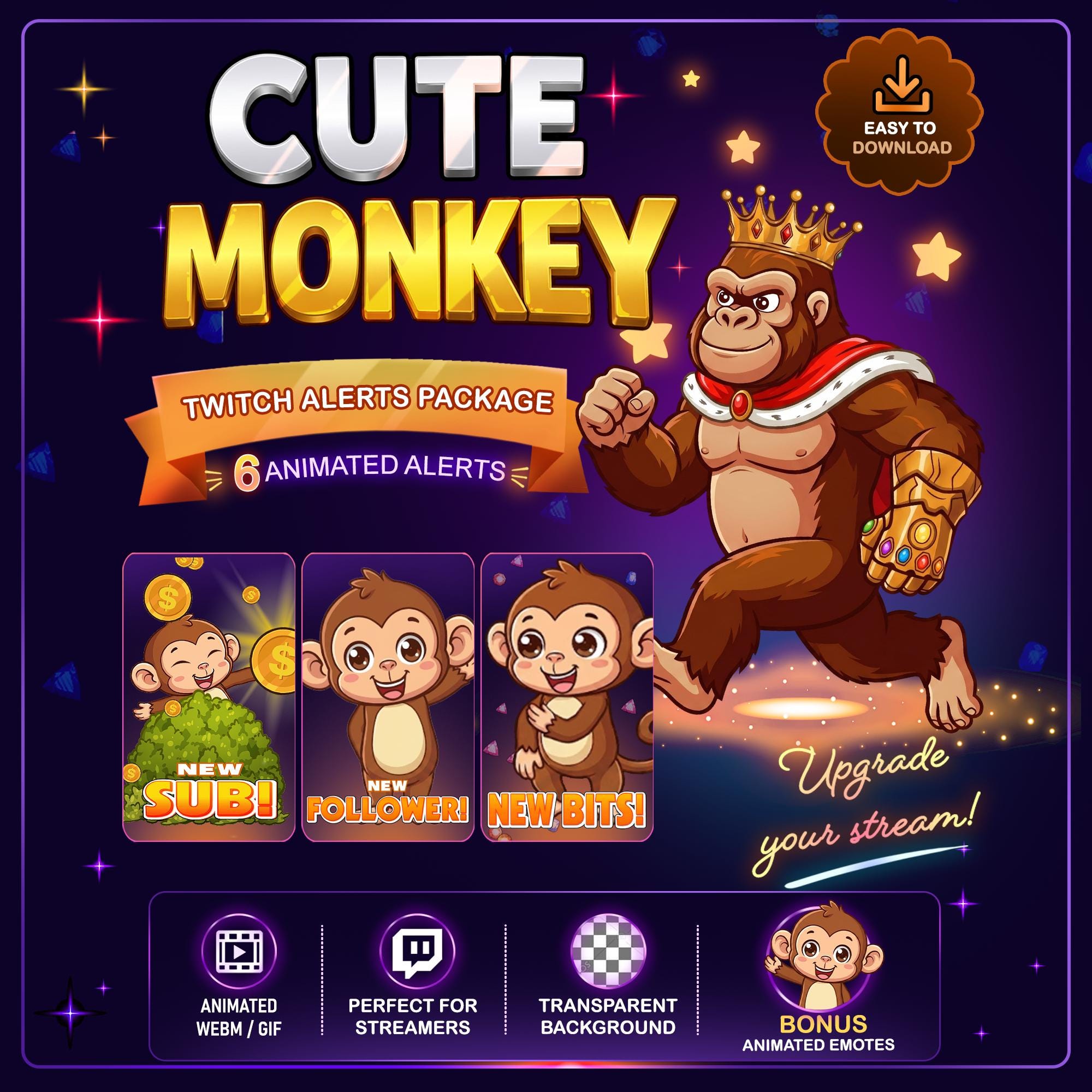 Cute Monkey Animated Twitch Alerts Pack, Funny Monkey Stream Alerts ...