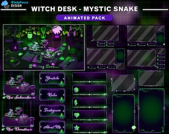 Animated Stream Package  Mystic Snake Witch Desk, Gothic Twitch Overlay with Tarot Cards, Candles, Vines, Skull for VTuber and Streamer