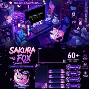 Könnte beinhalten: Digitale Illustration eines Gaming-Raum-Themas mit einem schlafenden Fuchs, Kirschblüten und einem Computer-Setup. Der Text enthält "Sakura Fox Gaming Room" und "Full Stream Package". Enthält animierte Twitch-Overlay-Assets.