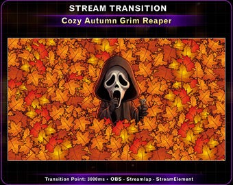 Cute Grim Reaper Autumn Stinger Transition, Maple Leaves Twitch Stream Transition, Fall Twitch Scene Transition for OBS Streamlap Vtuber