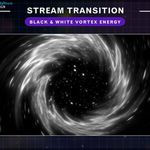 Puede incluir: Un efecto de transición de flujo de energía de vórtice en blanco y negro. La imagen muestra un vórtice blanco y negro giratorio con un centro oscuro y rayas blancas de luz.