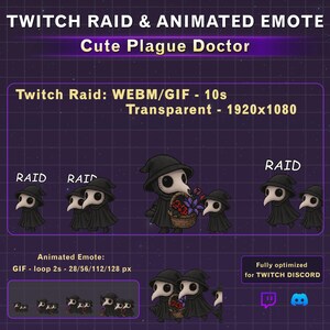 Könnte beinhalten: Digitales Grafikset mit einem Twitch-Raid und einem animierten Emote eines Pestdoktors. Die Figur trägt einen schwarzen Umhang und Hut und hält einen Korb mit Blumen. Der Text umfasst TWITCH RAID & ANIMATED EMOTE, Cute Plague Doctor sowie Spezifikationen für WEBM/GIF-Formate, 1920x1080 Auflösung und verschiedene Pixelgrößen für Twitch und Discord.