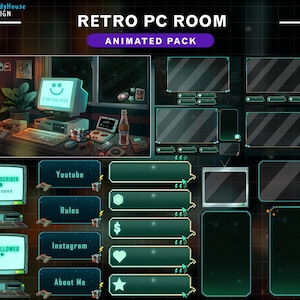 Puede incluir: Un paquete de superposición animada de Twitch con un tema retro y un esquema de color azul y verde. La superposición incluye una alerta de nuevo suscriptor, una alerta de nuevo seguidor y un conjunto de paneles para YouTube, reglas, Instagram y sobre mí. La superposición también incluye un conjunto de elementos animados, como un corazón, una estrella y un signo de dólar.