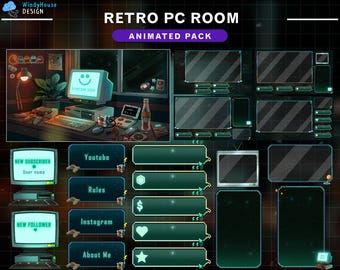 Animated Stream Package Retro PC Room, Cozy Gaming Room Twitch Overlay with Vintage Computer, Neon Pac-Man, Handheld Console, Lofi Vibes