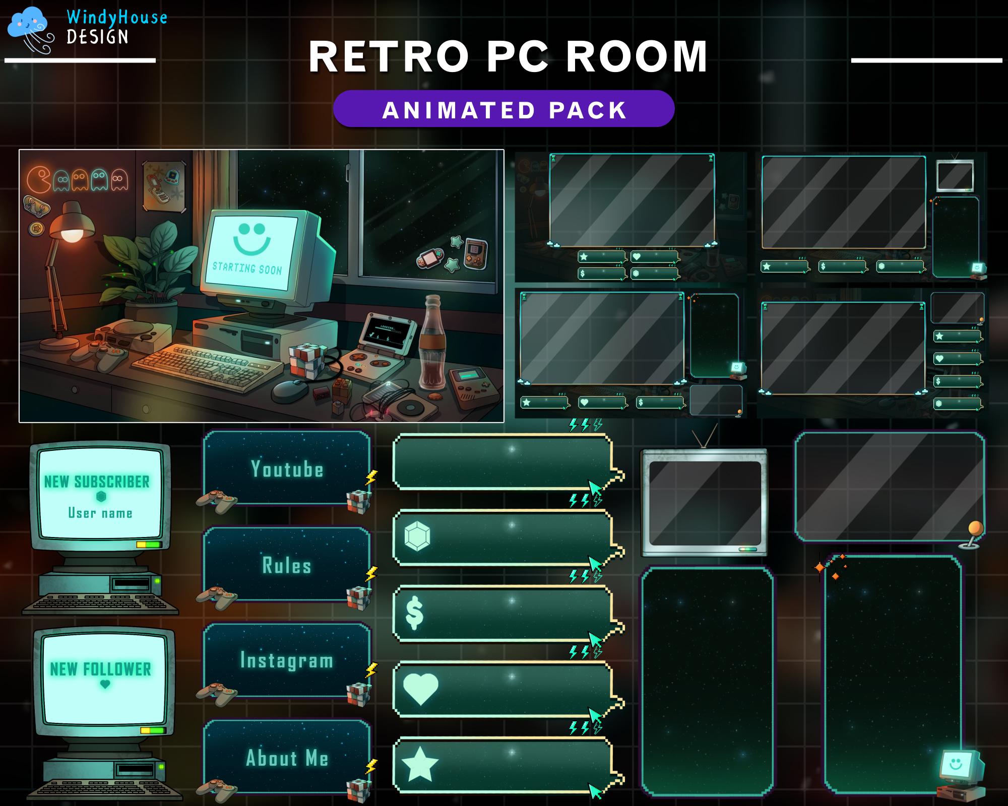 Stream Computer Frame Retro Animated Stream Package Retro PC Room, Cozy Gaming Room Twitch Overlay ...