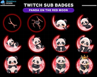Panda Red Moon Twitch Sub Badges/ Panda Twitch Sub Badges Set/ Twitch Moon Badges/ Twitch Tier Badges