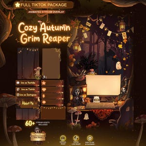May include: A digital stream overlay package titled Cozy Autumn Grim Reaper featuring brown and orange autumn-themed graphics, including a computer desk setup, mushrooms, ghosts, and icons for YouTube, Twitch, and Instagram, with 60+ assets included.