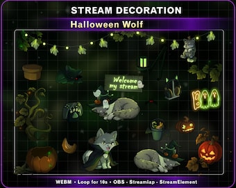 20x Animated Cute Halloween Wolf  Stream Decoration, Pumpkin Ghost, Halloween Twitch Overlay Decor, Spooky Wolf Stream Assets for OBS,Vtuber