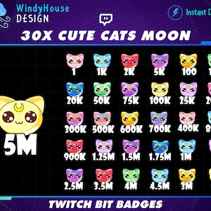30x Cute Cats Moon Twitch Bit Badges / Complete Twitch Bit Badges Set/ Twitch Tier Badges / Moon Badges / Number Bit Badges