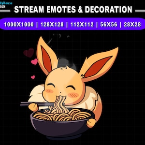 Emote animate di Twitch, decorazione di streaming Eevee che mangia ramen, Emote di Eevee di Twitch, Emote carine per Youtube, Discord