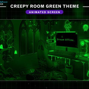 Op de afbeelding: Een groen en zwart geanimeerd streaming-scherm met een griezelig kamerthema. Het scherm toont de tekst "Stream Offline". De kamer is versierd met gloeiende geesten, schedels en een skelet.