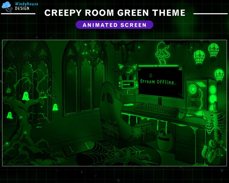 Op de afbeelding: Een groen en zwart geanimeerd streaming-scherm met een griezelig kamerthema. Het scherm toont de tekst "Stream Offline". De kamer is versierd met gloeiende geesten, schedels en een skelet.