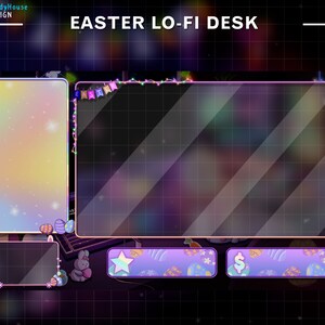 May include: A digital desktop background with a purple, pink, and blue color scheme. The background features a grid pattern and a blurred image of a night sky. The text "EASTER LO-FI DESK" is displayed at the top of the image. There are several empty frames with a pink border, and a few Easter-themed decorations.