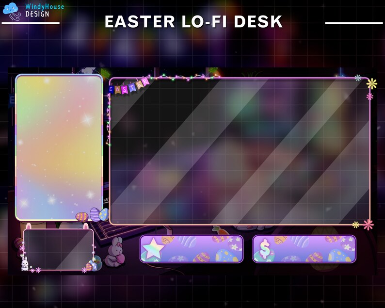 May include: A digital desktop background with a purple, pink, and blue color scheme. The background features a grid pattern and a blurred image of a night sky. The text "EASTER LO-FI DESK" is displayed at the top of the image. There are several empty frames with a pink border, and a few Easter-themed decorations.