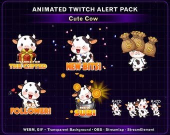 Animated Cow Twitch Alerts, Cow Stream Alerts Bundle, Cute Cow Twitch Discord Emotes
