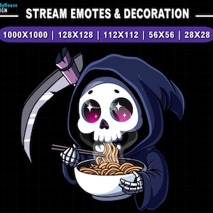 May include: A cartoon Grim Reaper with a black hooded robe and a skull face is eating ramen noodles with chopsticks. The Reaper has large, pink eyes with sparkles. The background is black with a white grid pattern.