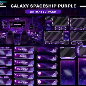 Geanimeerd streampakket Lo-fi ruimteschip paars thema, geanimeerde twitch-overlay Galaxy-kamer, ruimte, planeet, Vtuber-achtergrond