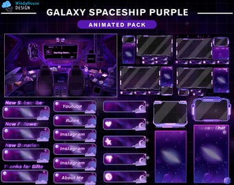 Animated Stream Package Lo-fi Spaceship Purple Theme, Animated Twitch Overlay Galaxy Room, Space, Planet, Vtuber background