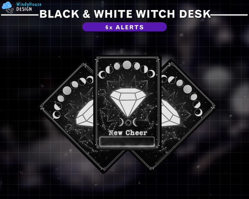 May include: Black and white witch desk alert cards with a diamond and moon phases design. The card reads "New Cheer".