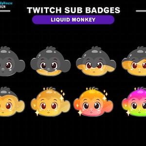 May include: Eight animated Twitch sub badges featuring a cartoon monkey with different colored liquid effects. The badges are in a row, with the first four badges showing the monkey in a black and white color scheme, and the last four badges showing the monkey in a variety of colors, including yellow, orange, red, and green.