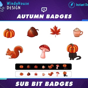 7x Herbst Twitch Sub Badges,Herbst Saison,Abonnenten Abzeichen,Kürbis,Ahornblatt,Tier,Pilz,Cute Emotes