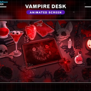 Animated Halloween Vampire Desk Stream Screens, Gothic Twitch Overlay with Black Rose, Blood, Skull, Bat, Potions for VTubers, Streamer