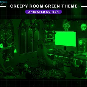 Op de afbeelding: Een groene en zwarte computer gaming setup met een groen scherm, een gaming stoel en griezelige Halloween-decoraties. De decoraties omvatten geesten, vleermuizen en skeletten.