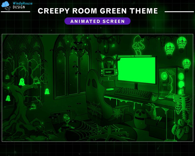 Op de afbeelding: Een groene en zwarte computer gaming setup met een groen scherm, een gaming stoel en griezelige Halloween-decoraties. De decoraties omvatten geesten, vleermuizen en skeletten.