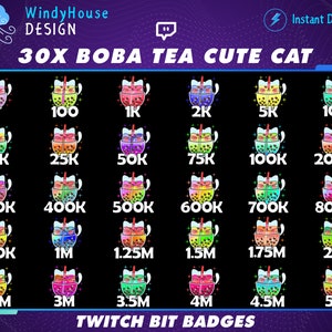 30x Boba Tea Twitch Bit Badges, Cute Cat Twitch Bit Badges Set, Twitch Tier Badges For Streamers/Discord