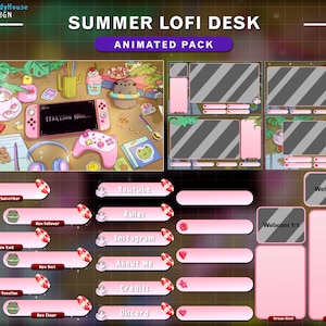Animated Twitch Overlay Summer Desk, Animated Stream Package Pink Cozy Lofi Desk for Streamer Vtuber Background