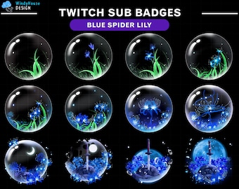 Twitch Sub Badges Blaue Spinne Lilie Inspiriert von Demon Slayer, Katana Mond Badge Set, Anime Style Overlay für VTuber & Streamer
