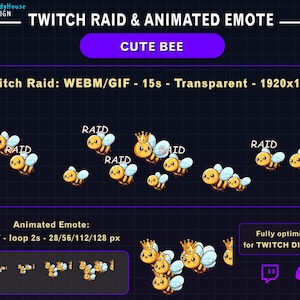 Puede incluir: Gráficos animados de raid y emote de Twitch con lindas abejas de dibujos animados. Las abejas son amarillas y marrones con alas blancas, algunas con coronas. El texto incluye "CUTE BEE", "RAID" y especificaciones técnicas para Twitch.