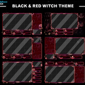 May include: Black and red Twitch stream overlay theme with a witchy aesthetic. The overlay includes a title bar, a chat box, and several other panels. The design features a dark background with red accents and a variety of witchy symbols.
