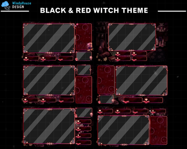 May include: Black and red Twitch stream overlay theme with a witchy aesthetic. The overlay includes a title bar, a chat box, and several other panels. The design features a dark background with red accents and a variety of witchy symbols.