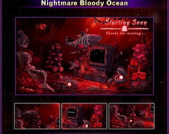 Animated Bloody Ocean Horror Stream Screens, Nightmare Shark Twitch Overlay with Skeleton, Gothic Underwater Background for OBS VTuber