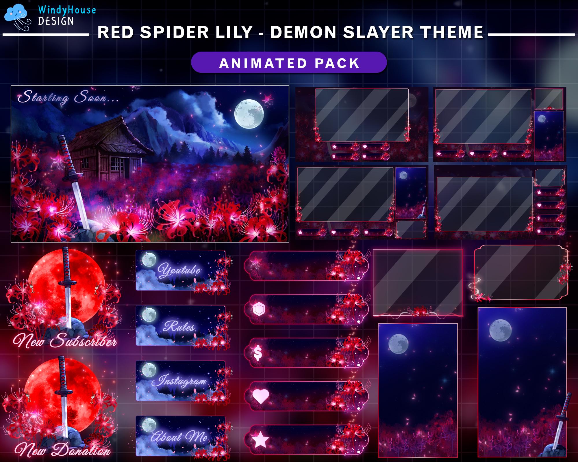 Animated Stream Package Red Spider Lily Field, Demon Slayer Sword Twitch Overlay with Blood Moon, Katana, Haunted Cabin for VTuber