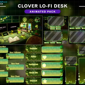 Könnte beinhalten: Animiertes Twitch-Overlay-Paket mit einem grünen Kleeblatt-Thema. Das Paket enthält einen Startbildschirm, einen Ladebildschirm, einen Webcam-Rahmen und verschiedene Benachrichtigungsschirme für neue Abonnenten, Follower, Raids, Hosts, Spenden und Cheers. Das Overlay zeigt eine Cartoon-Illustration eines Schreibtisches mit einem Computer, einem Buch und einer Tasse Kaffee.