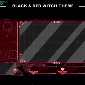 May include: A black and red Twitch stream overlay with a witch theme. The overlay has a large, rectangular center panel, two smaller panels on the left, and two smaller panels on the bottom. The panels have a red and pink glow around them. The overlay has a black and white grid pattern in the background.